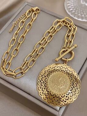 Gold Filigree Coin Pendant Chain Necklace